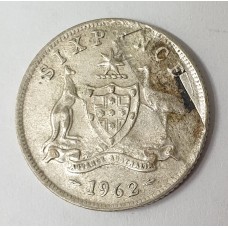 AUSTRALIA 1962 . SIXPENCE . ERROR . PLANCHET FLAW